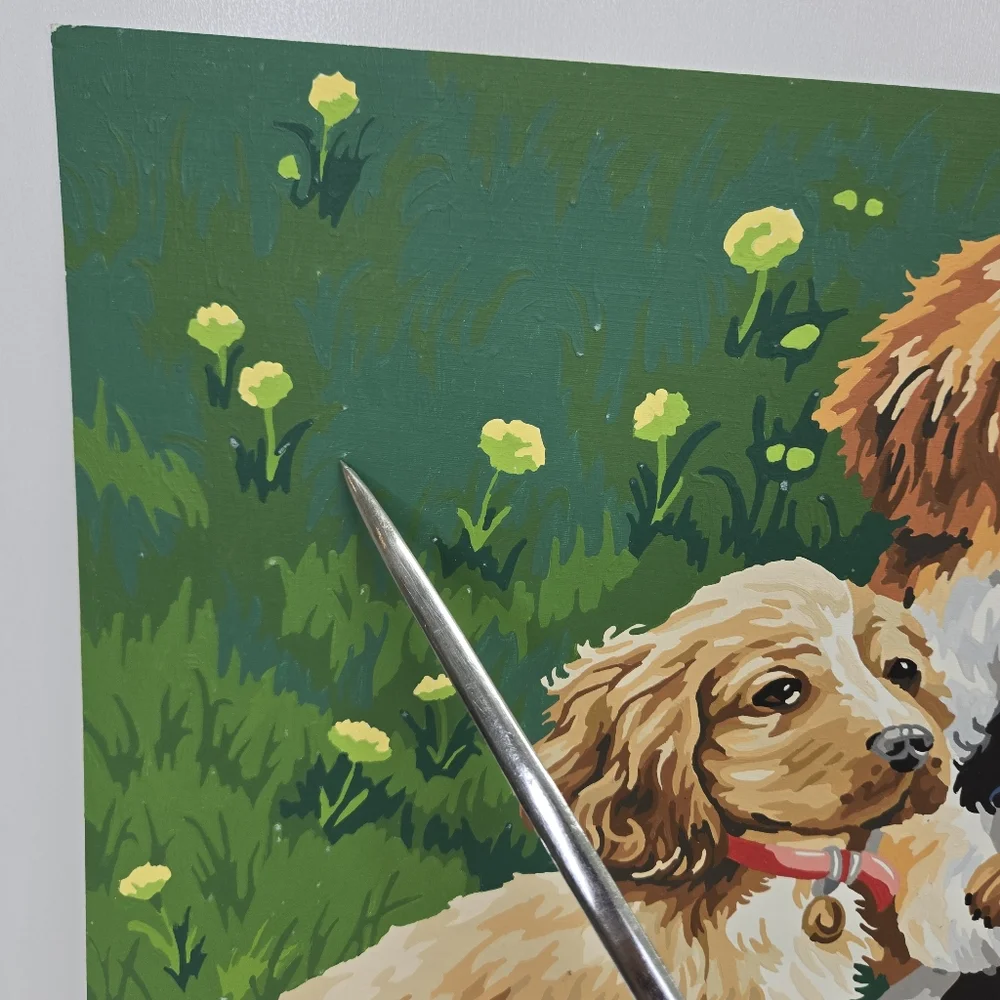 VTG Puppies and Soccer Paint By Number Finished Acrylic‎ Painting 14x20 Retriver